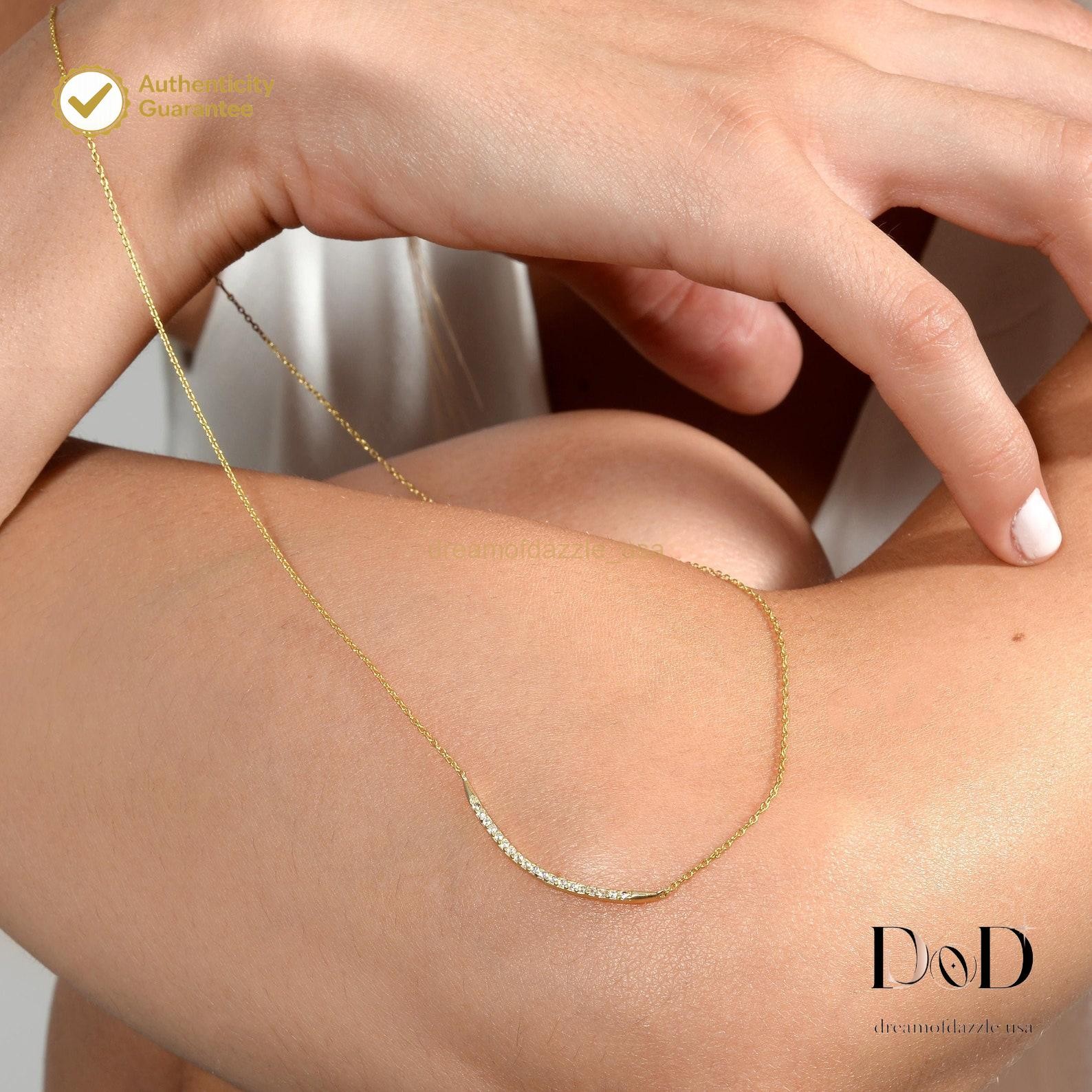 Round Natural Diamond 14K Gold Chain Dainty Prong Fine Daughter Wedding Necklace