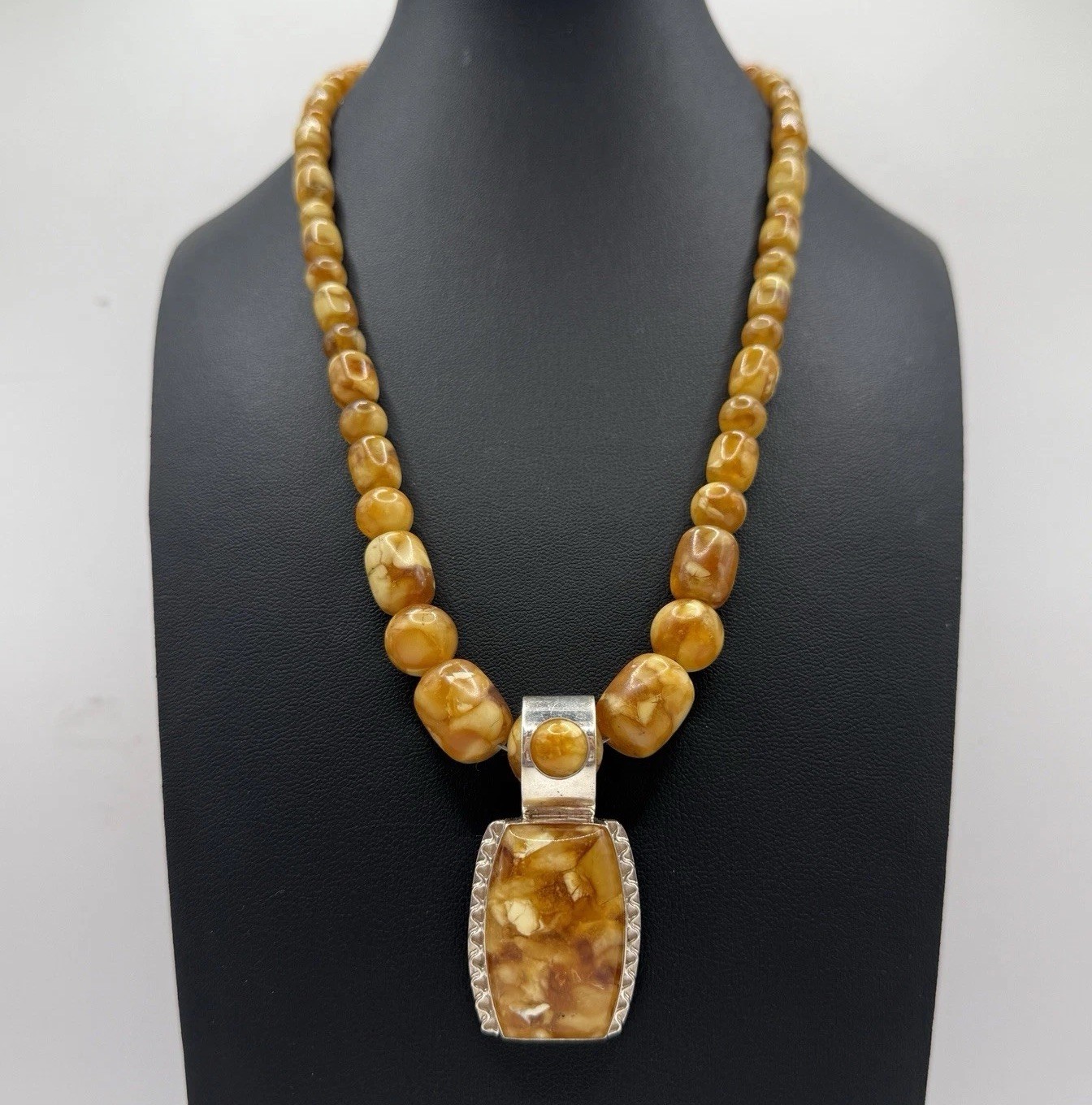 Jay King DTR Butterscotch Amber 925 Sterling Silver Beaded Pendant Necklace Adj