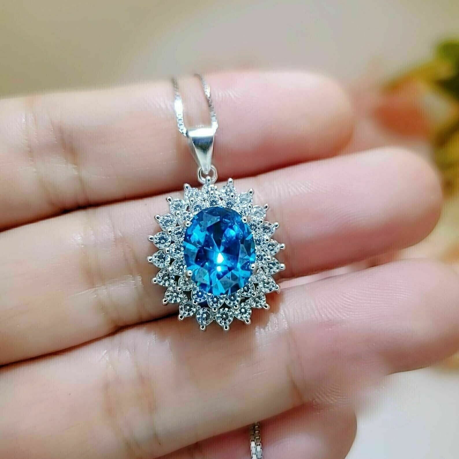 3.10Ct Oval Lab Created Blue Topaz Halo Pendant 18″Chain 14K White Gold Plated
