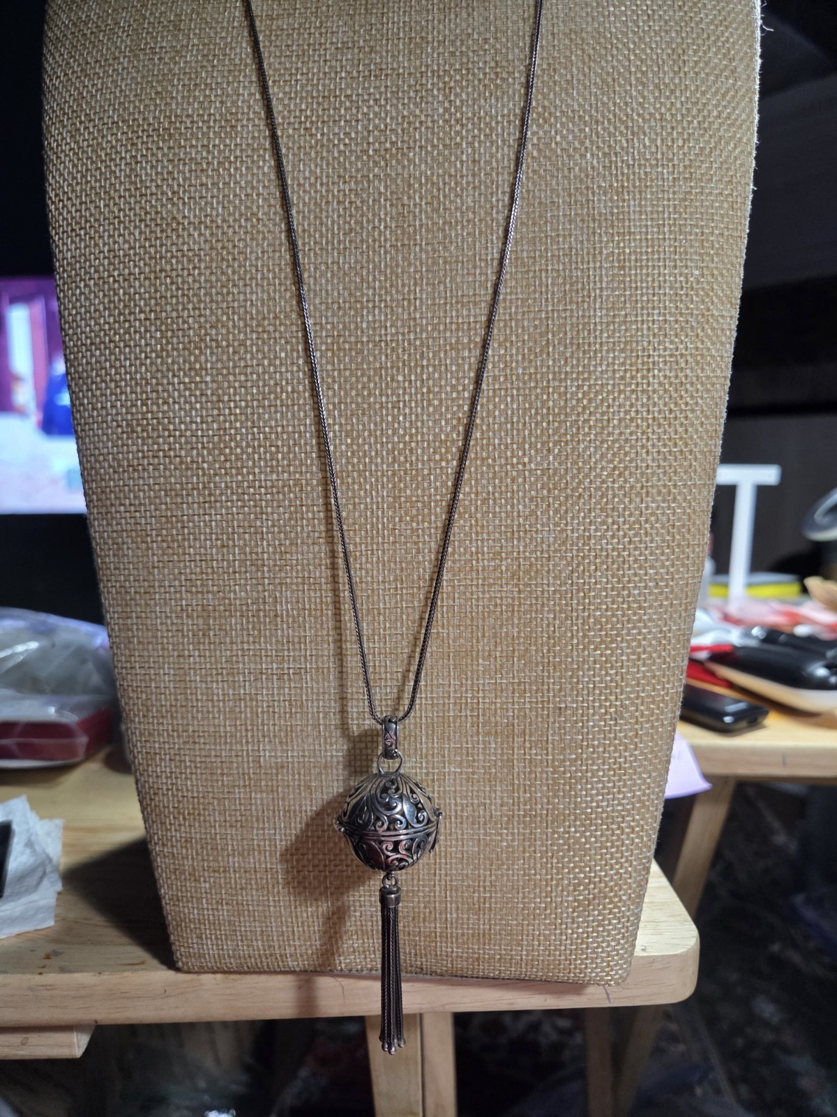 Sterling Silver Prayer Box Ball Necklace 30″ Wheat Chain Tassel Pendant 16.5g