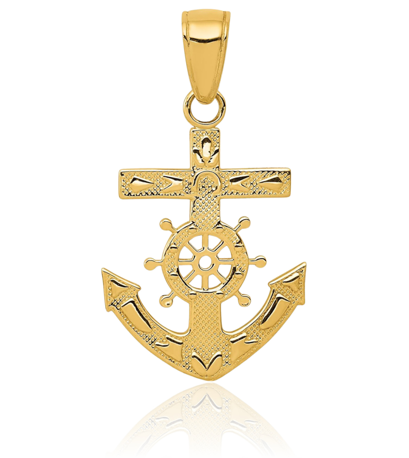 10K Solid Yellow Gold Medium Mariner Anchor Ships Wheel Cross Pendant Necklace
