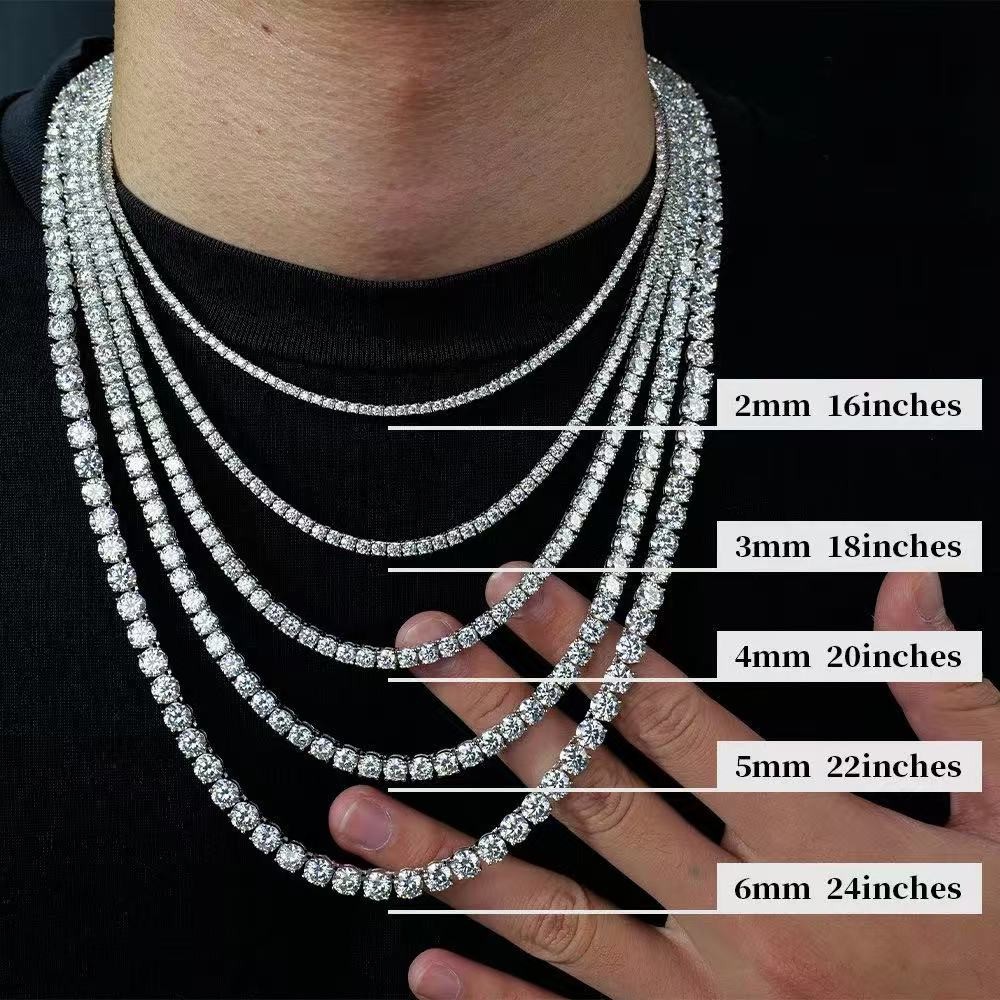 US 4mm D VVS1 MOISSANITE Tennis Chain Necklace – 925 Sterling Silver – Men Women