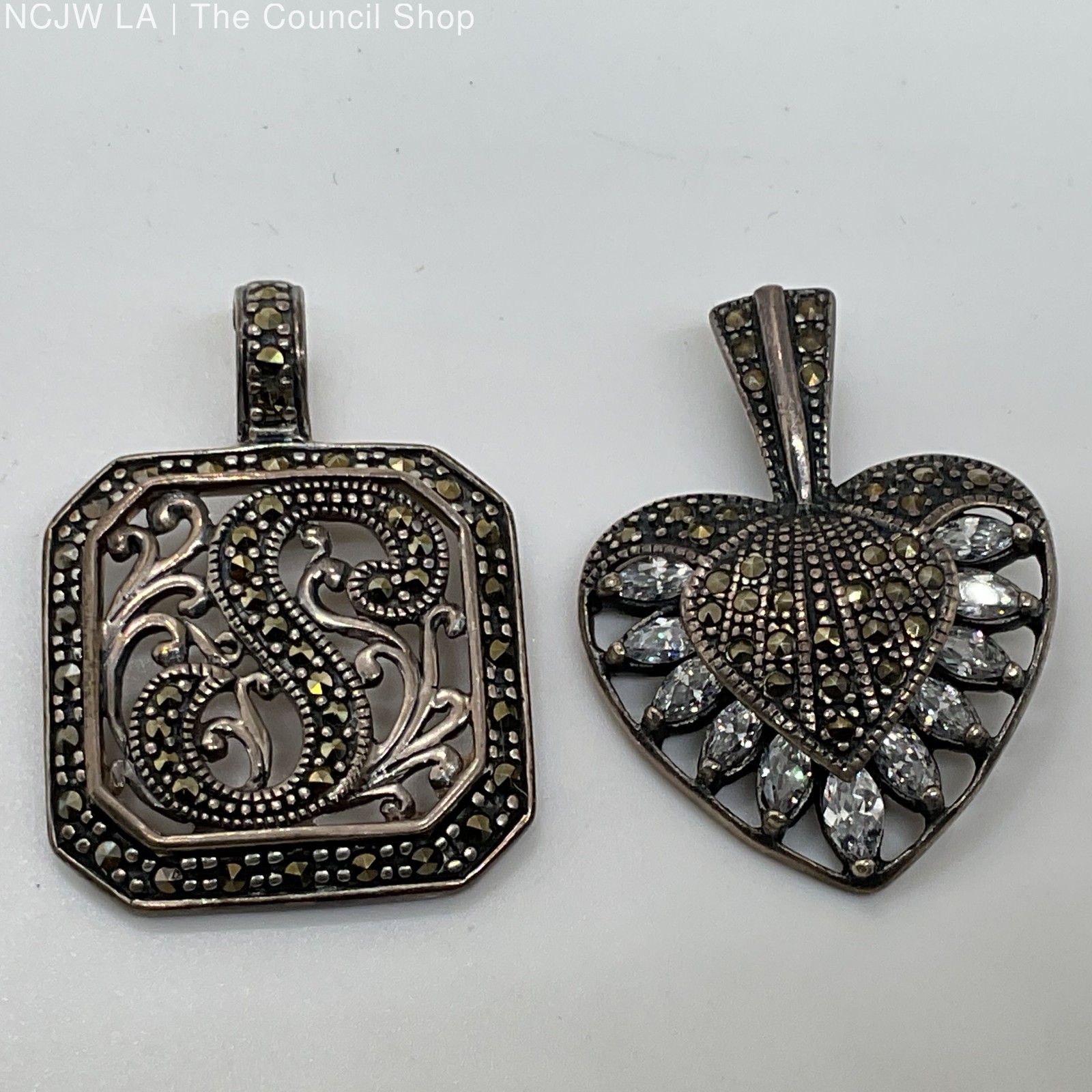 Set of 2 VTG. Sterling Silver Marcasite Rhinestone Art Deco Pendants- 14.20g