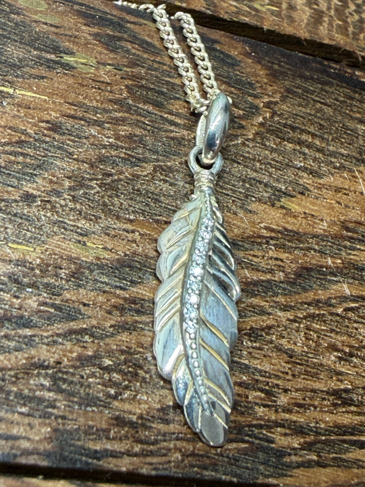 Dainty Gold Plated 925 Sterling Silver Feather Pendant Gemstone 16″ Necklace 3g