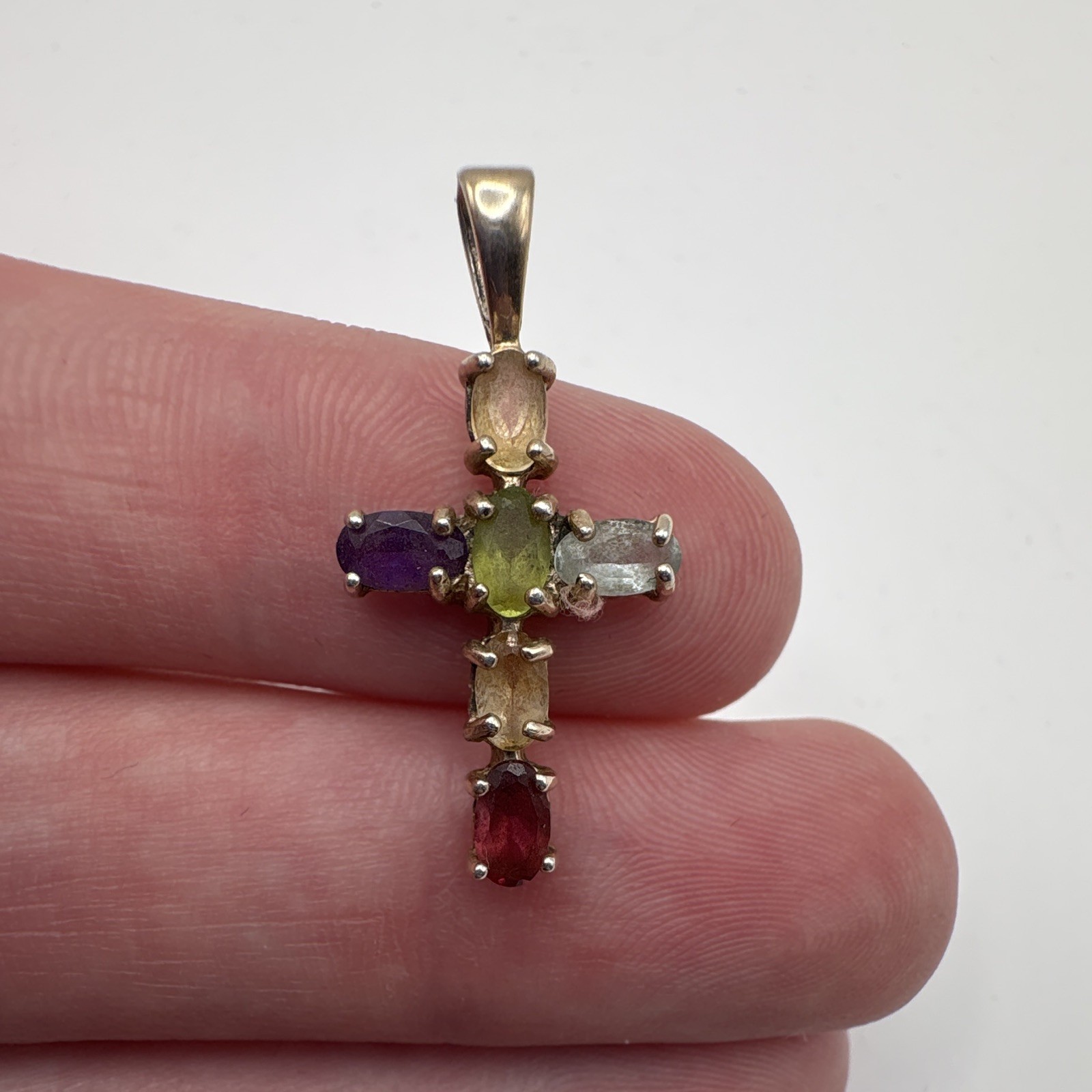 Gold over 925 Sterling Silver Cross Pendant Charm Prong Set 5 Multicolor Gems