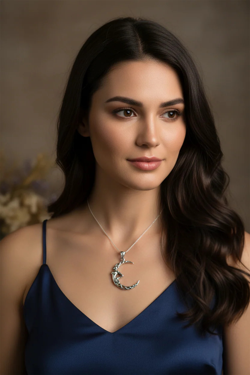 Crescent Moon Goddess Necklace in Sterling Silver 925 Celtic Pendant W/CHAIN