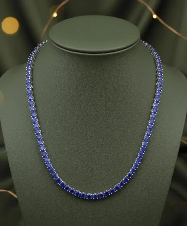 Cyber Monday Sale ! Round Natural Sapphire Tennis Necklace 14k Real White Gold