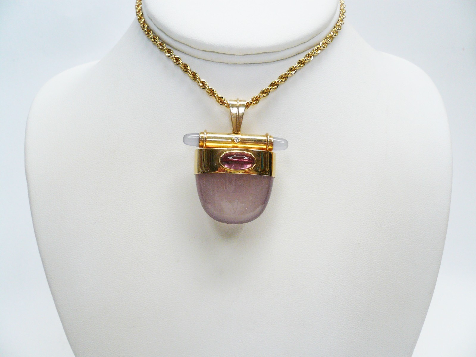 14K Yellow Gold Rose Quartz/Pink Chalcedony Pendant/Enhancer Diamond Accent