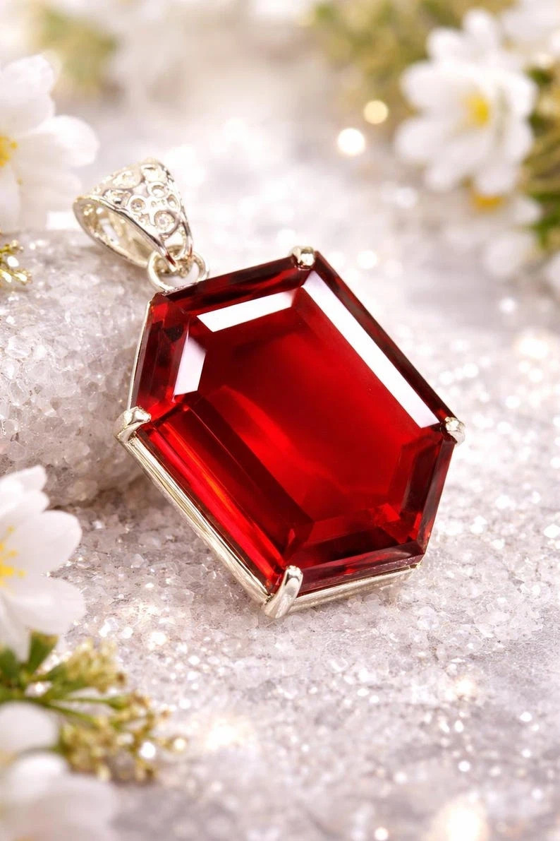 Natural Hexagon Cut Red Ruby 26 Ct Certified Gemstone 925 Solid Silver Pendant