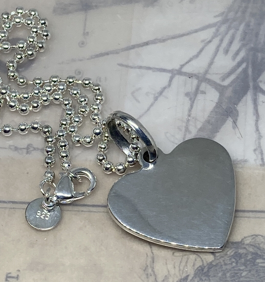 Modern Glossy 925 Sterling Silver 1” HEART Pendent Ball Bead Necklace 18″ 14.2g