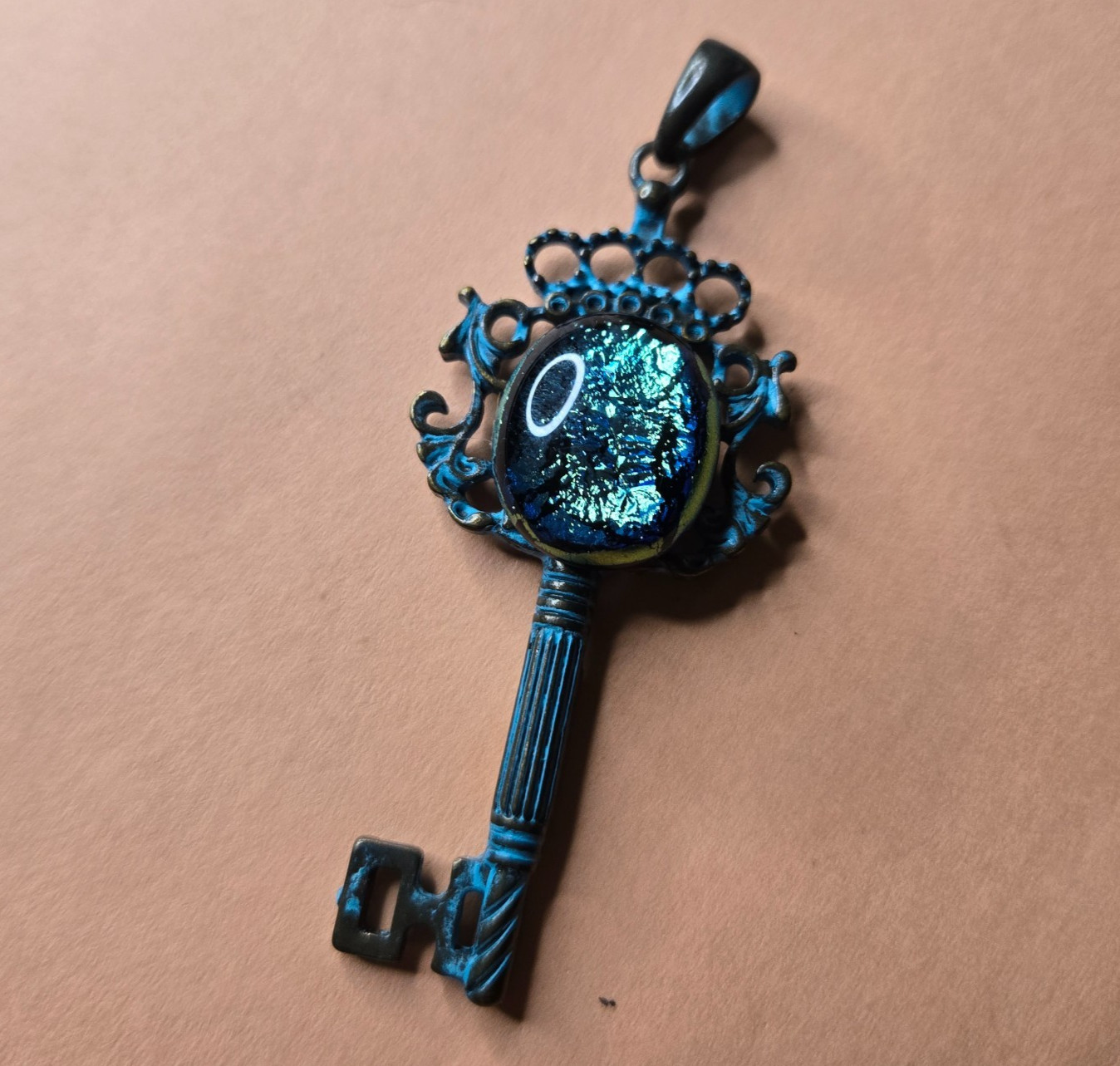 Dichroic Glass Blue Gemstone Painted Antique Style Skeleton Key Pendant 2″+