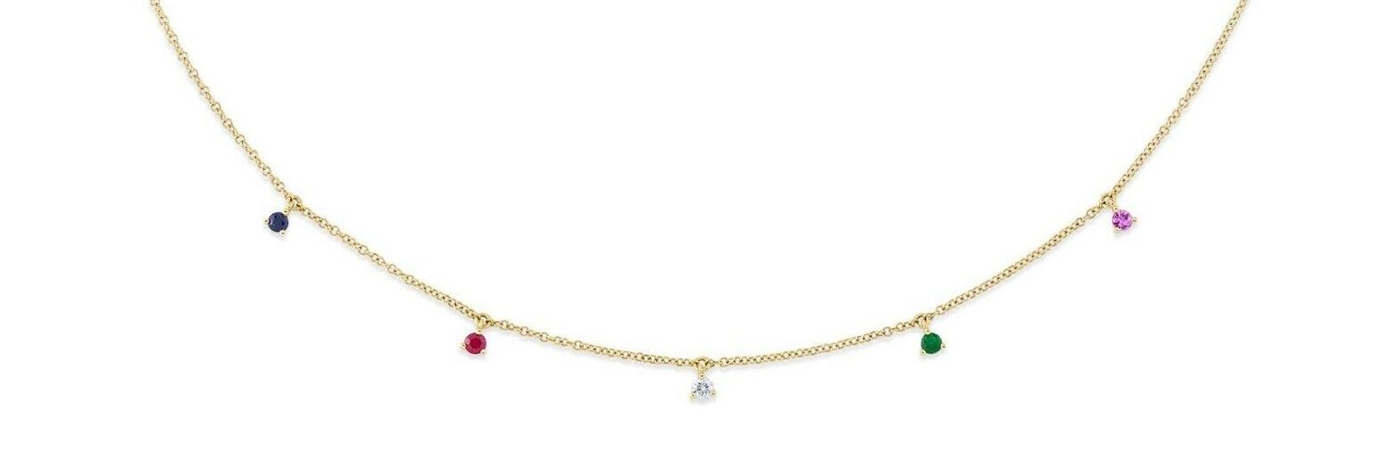14K Gold Diamond Multi Color Gemstone Rainbow Necklace Natural 0.35TCW Round Cut