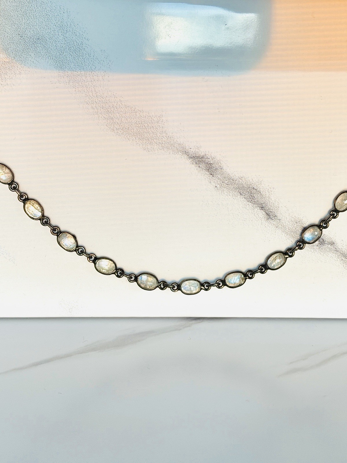 Sterling Silver Genuine Moonstone Gemstone Station Necklace Rhodium Plated Gift