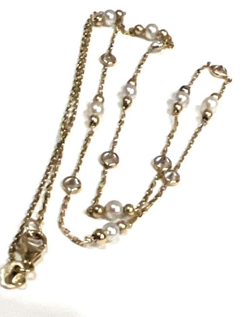 14K Yellow Gold Genuine Diamond Pearl Stationed Necklace 18″ Long Designer AD