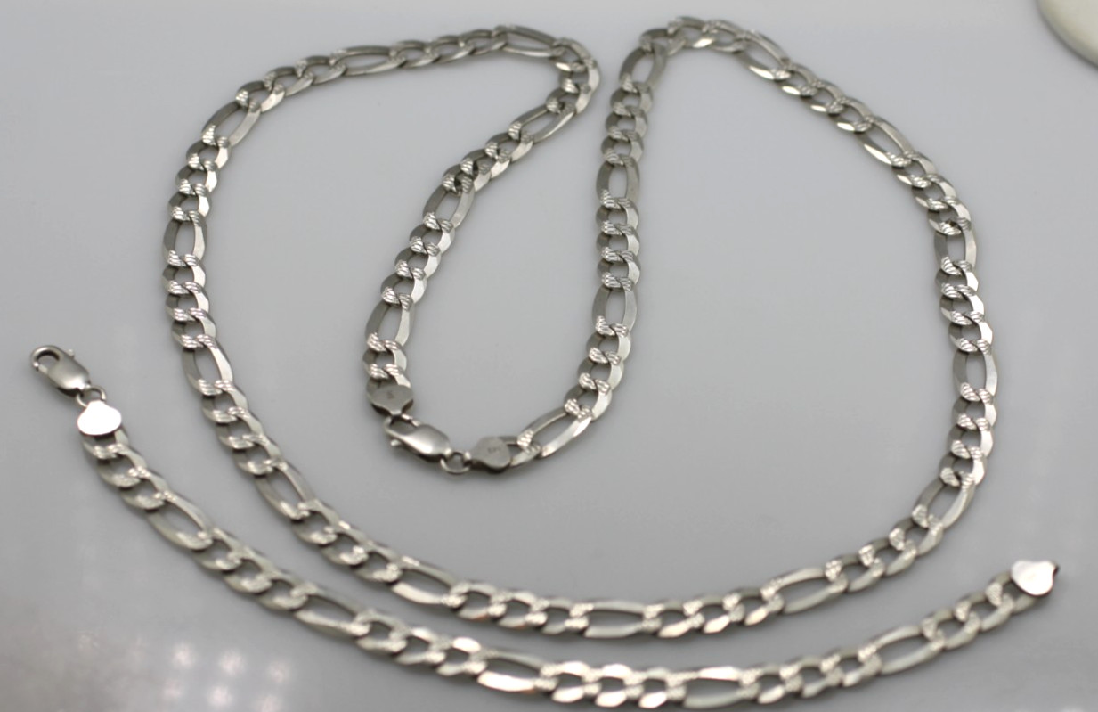 Sterling Silver 925 Figaro 9mm chain link necklace 30″ bracelet 8.5″ Italy SPI