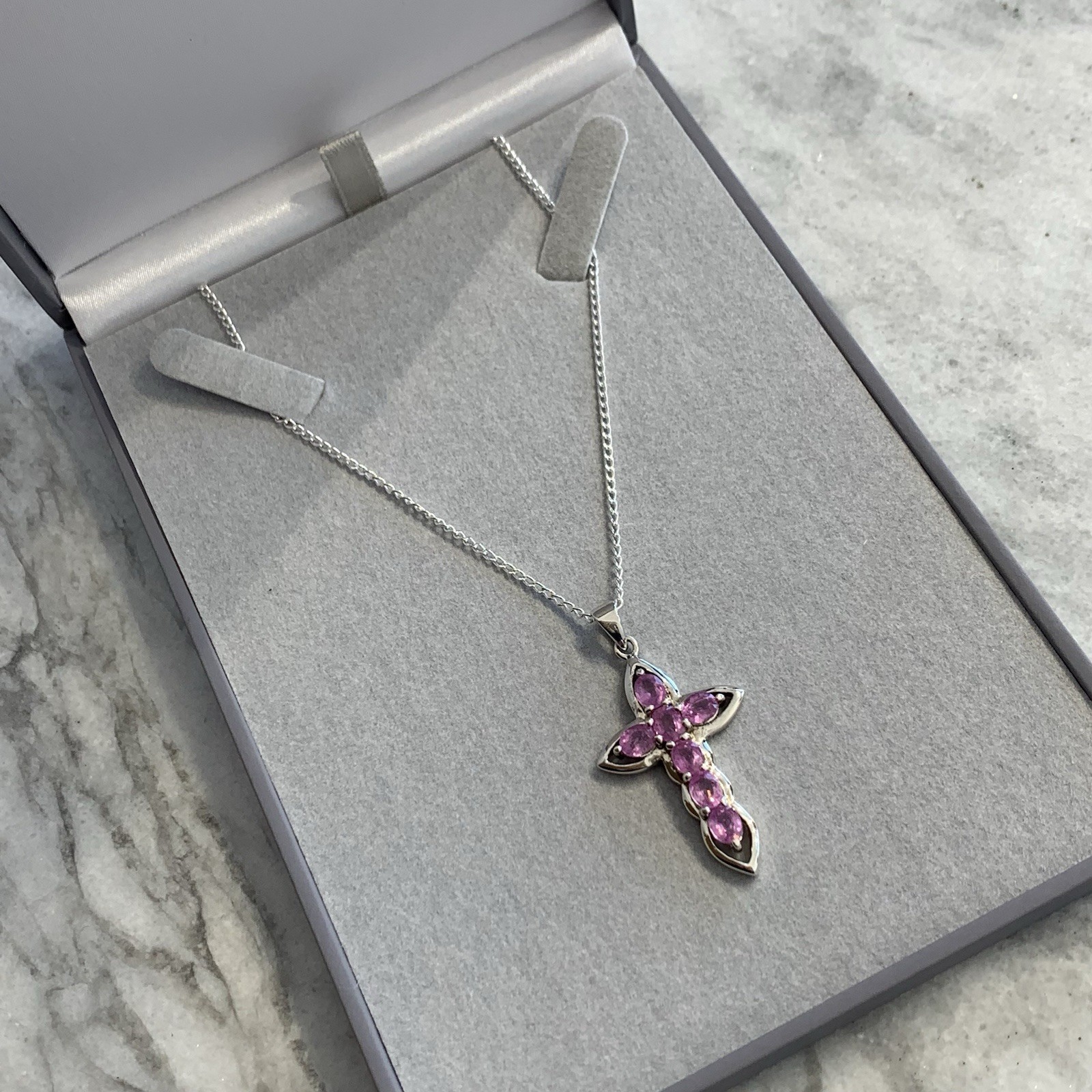 Sterling Silver 925 Pink Topaz Cross Pendant Chain Necklace – 16″ Inches