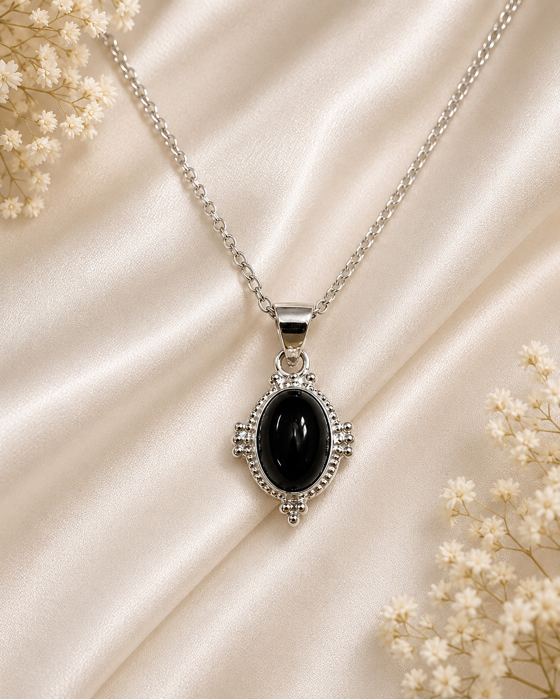 925 Sterling Silver Black Onyx Oval Pendant Necklace Vintage Gift for Women