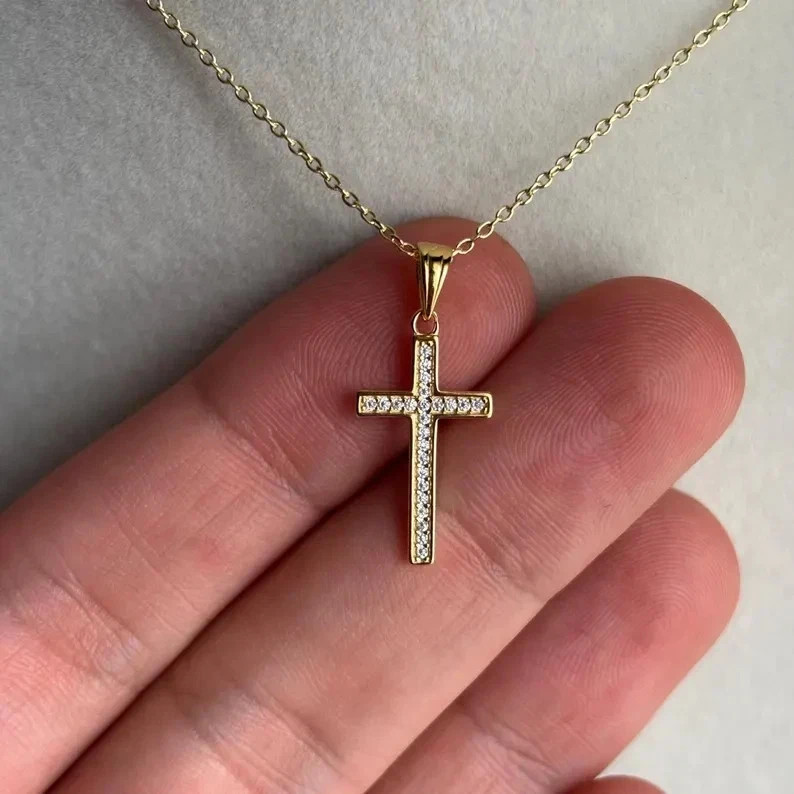 1.00TCW Dainty Moissanite Minimalist Cross Charm Necklace 18k Yellow Gold Plated