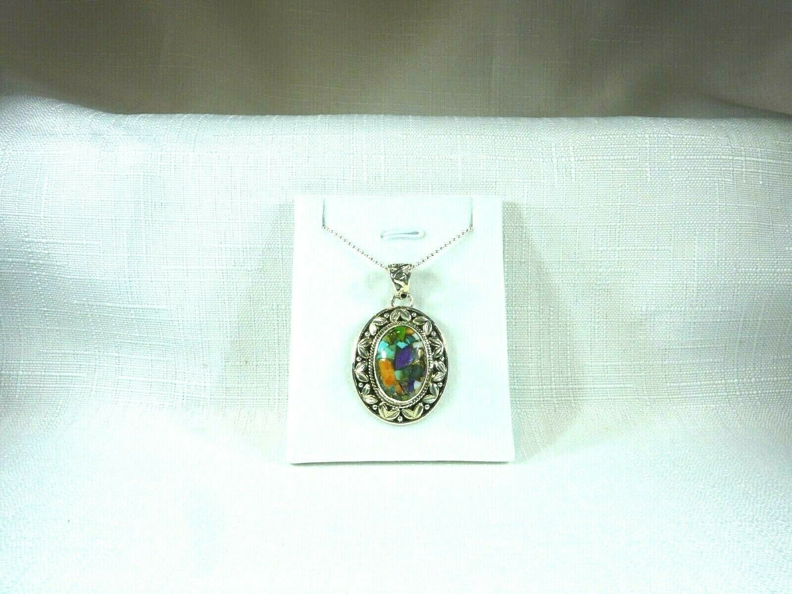 Multicolour Copper Turquoise Solid Sterling Silver Oval Shape Pendant & Chain