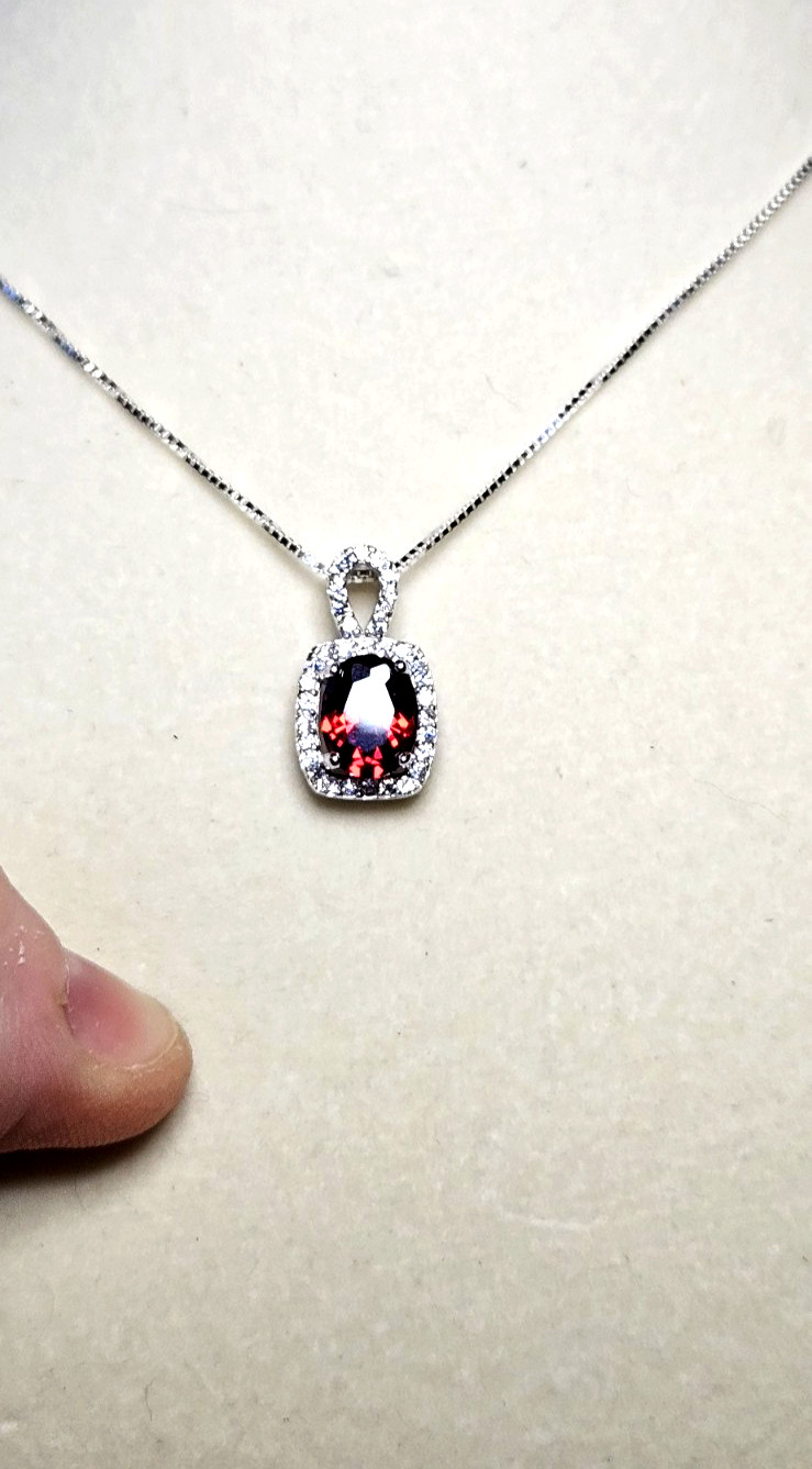 925 Sterling Silver Garnet with Moissanite Halo and 925 Italian Silver Box Chain
