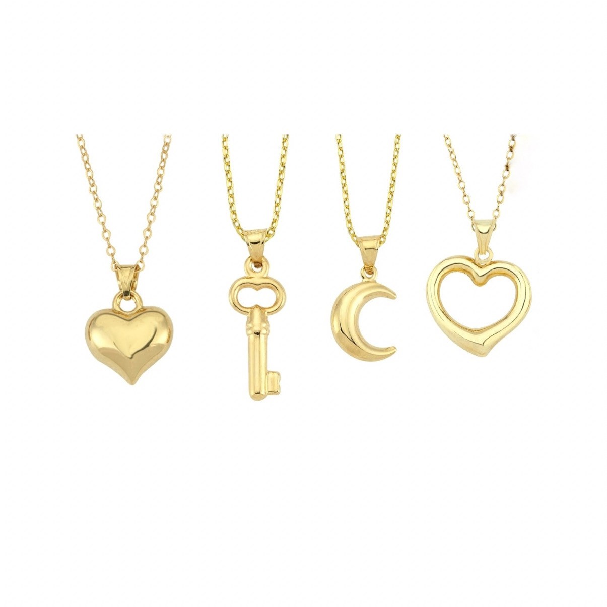 Minimalist Gold Charm Necklace – Heart, Key, Crescent Moon Pendants 22 inches