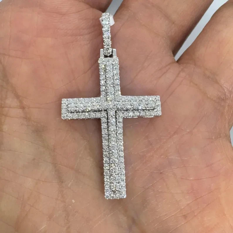 0.89Ct Round Cut Moissanite Cross Square Pave Set Pendant 14K White Gold Plated