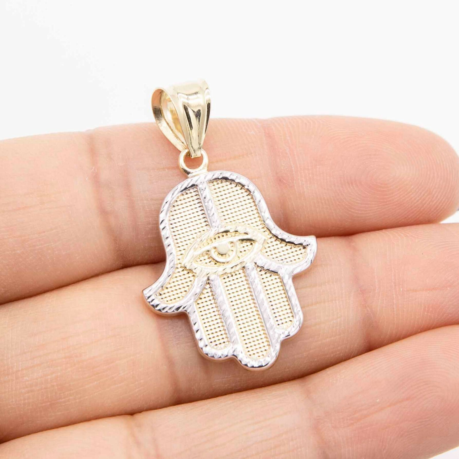 1 1/2″ Diamond-Cut Hamsa Pendant Charm Real 10K Yellow White Gold