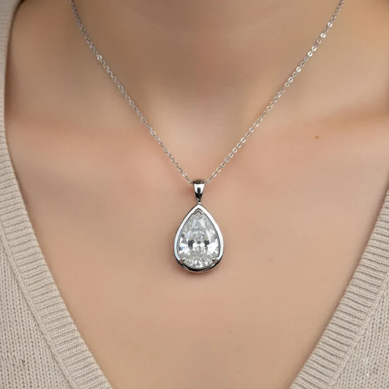 3.00 Ct Certified Pear Cut Solitaire Pendant, Silver Teardrop, Gift for Friend