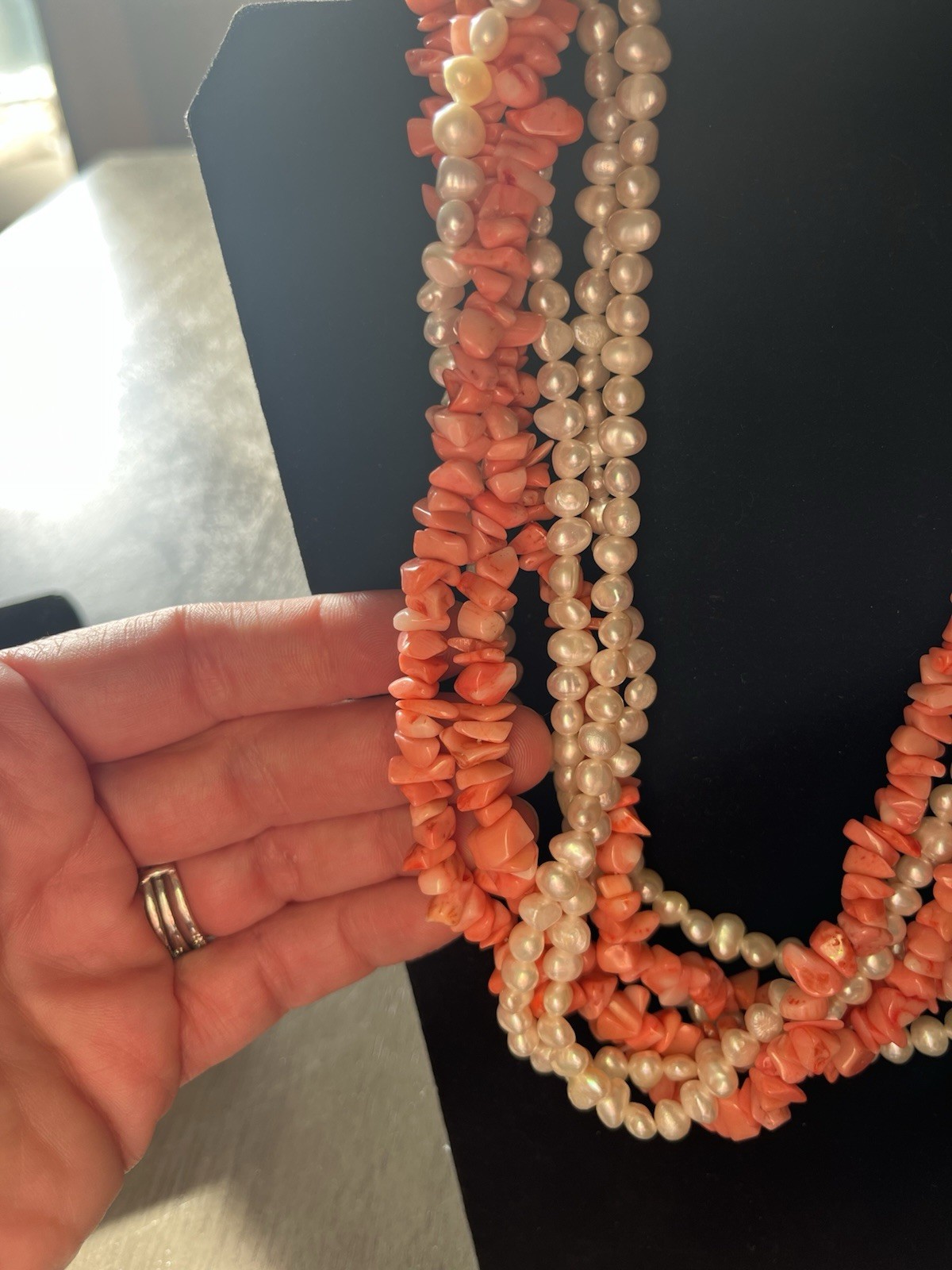 Ross Simon Pearl Polished Coral Necklace Sterling Silver 925 Layered Strands Vtg