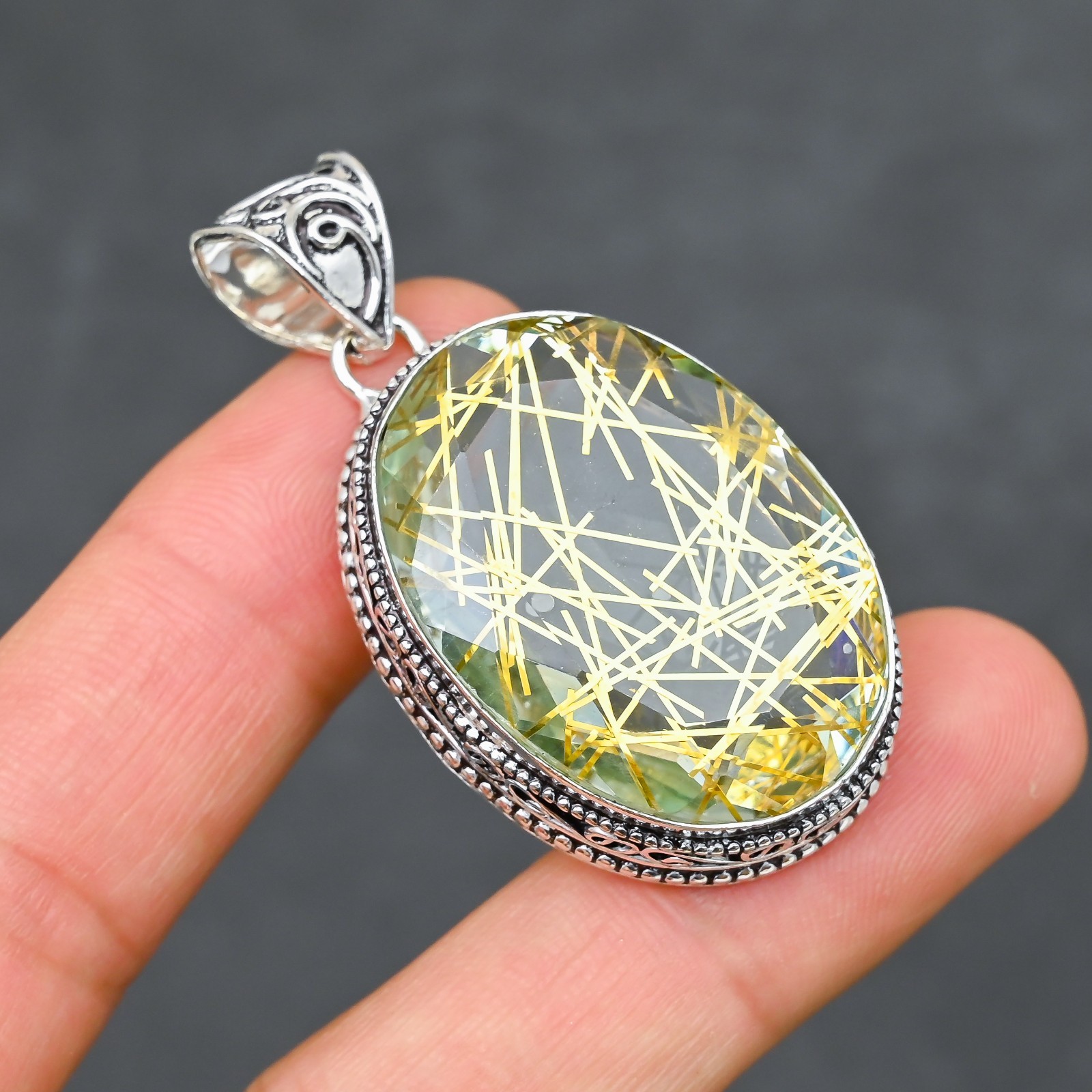 Golden Rutilated Quartz Gemstone 925 Sterling Silver Pendant Handmade Jewelry