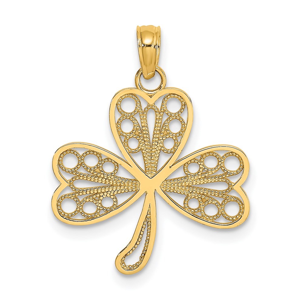 14k Yellow Gold Filigree 3-Leaf Clover Charm Pendant L-0.89 Inch, W-0.74 Inch