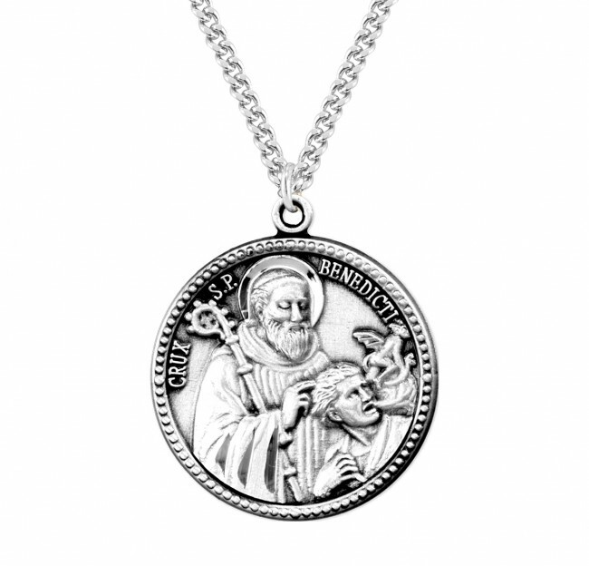 Saint Benedict Round Sterling Silver Medal, 0.9″, Velvet Boxed, US made, 20″