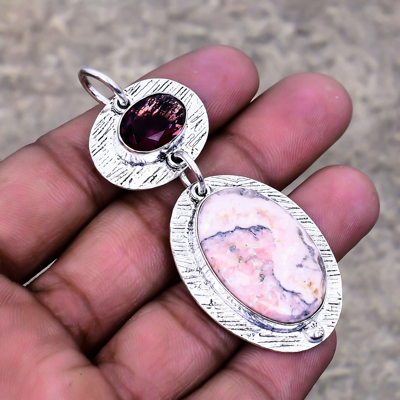 Rhodochrosite, Amethyst Gemstone 925 Sterling Silver Jewelry Pendant 1.7″