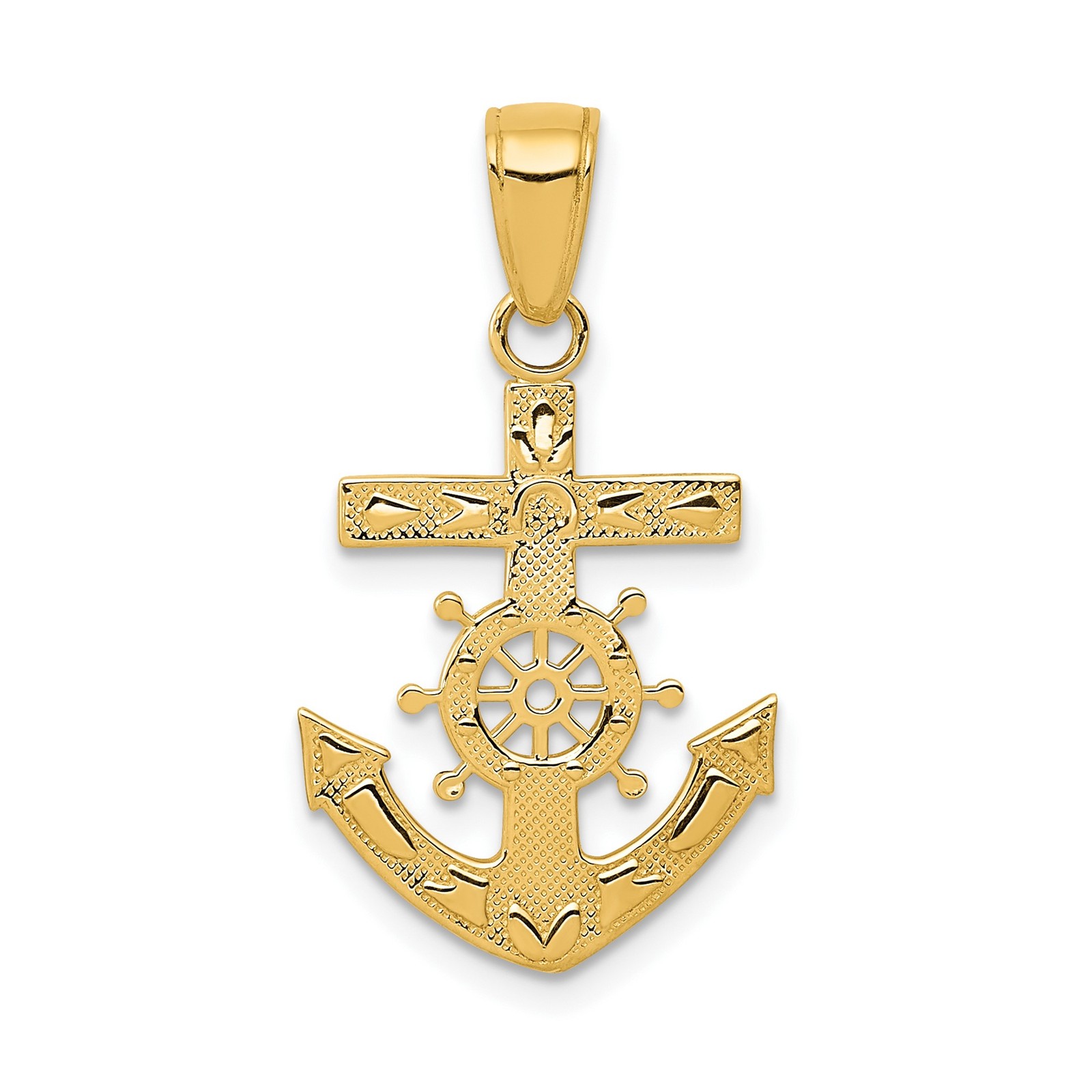 10k Yellow Gold Nautical Anchor Ship Wheel Pendant Etched Maritime Faith Symbol