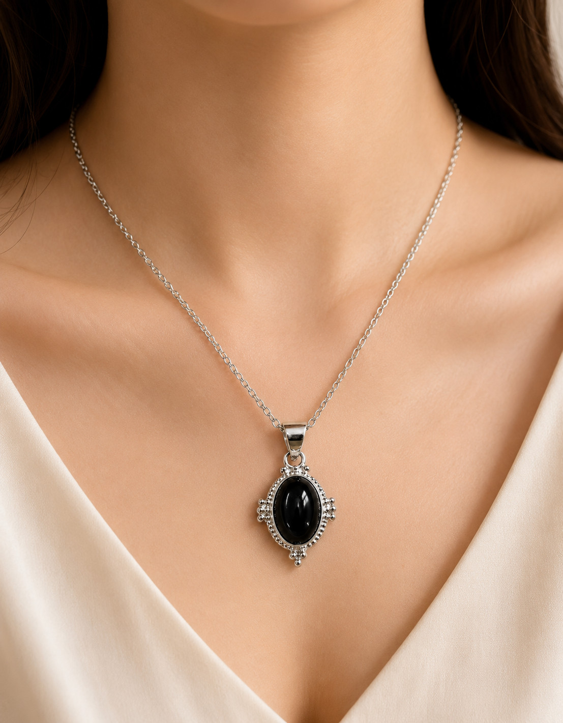 925 Sterling Silver Black Onyx Oval Pendant Necklace Vintage Gift for Women