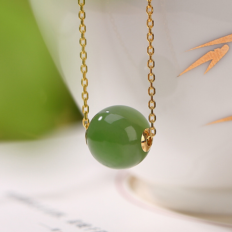 Good 18K Yellow Gold With Natural Green Jade Round Bead Pendant 0.39inch Hot