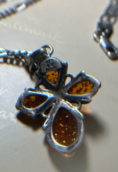 STERLING SILVER BALTIC AMBER CROSS SIGNED PENDANT CHAIN NECKLACE POLAND LOVE!