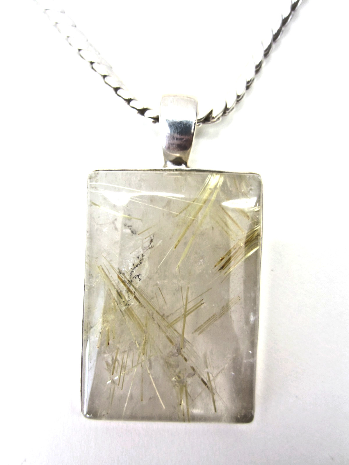 Golden Rutilated Gold Needle Quartz Silver Pendant and 18″ Necklace