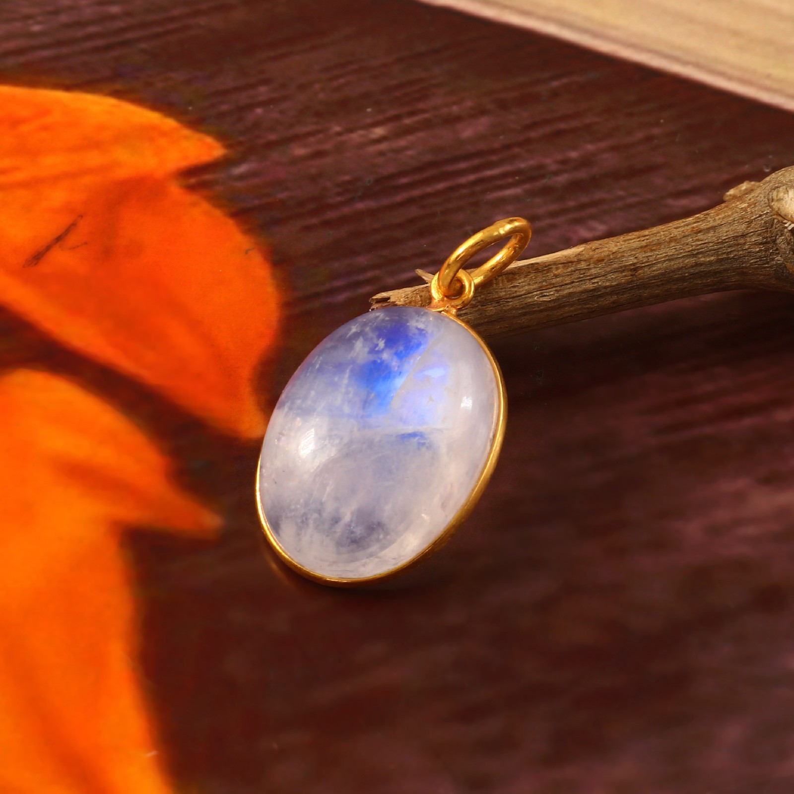 Genuine Moonstone Pendant 14K Yellow Gold Oval Cabochon Minimalist Pendant 3115