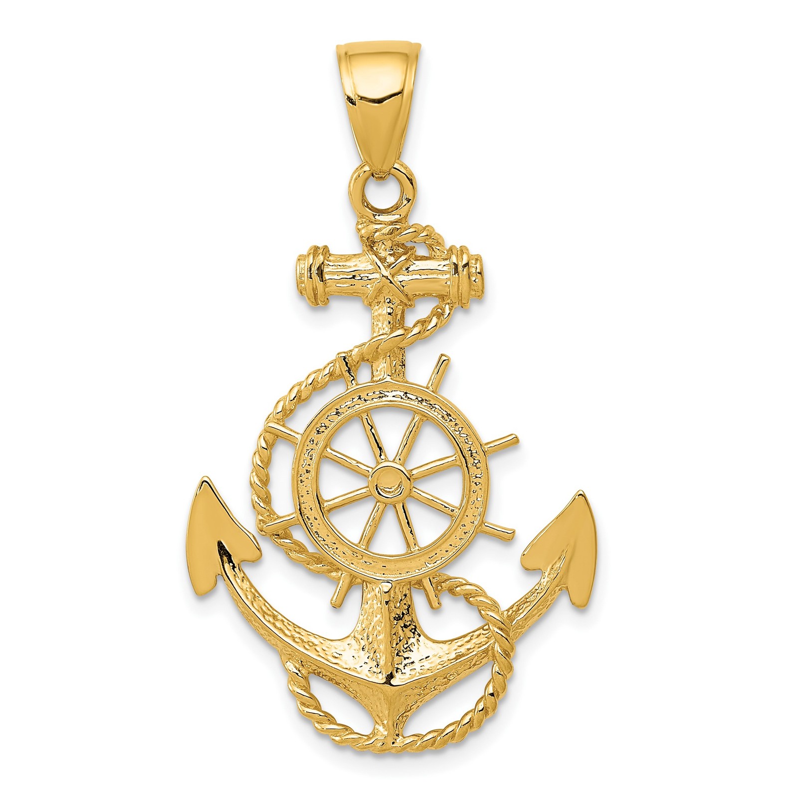 10k Yellow Gold Nautical Pendant Anchor Ship Wheel Rope Design Marine Jewelry