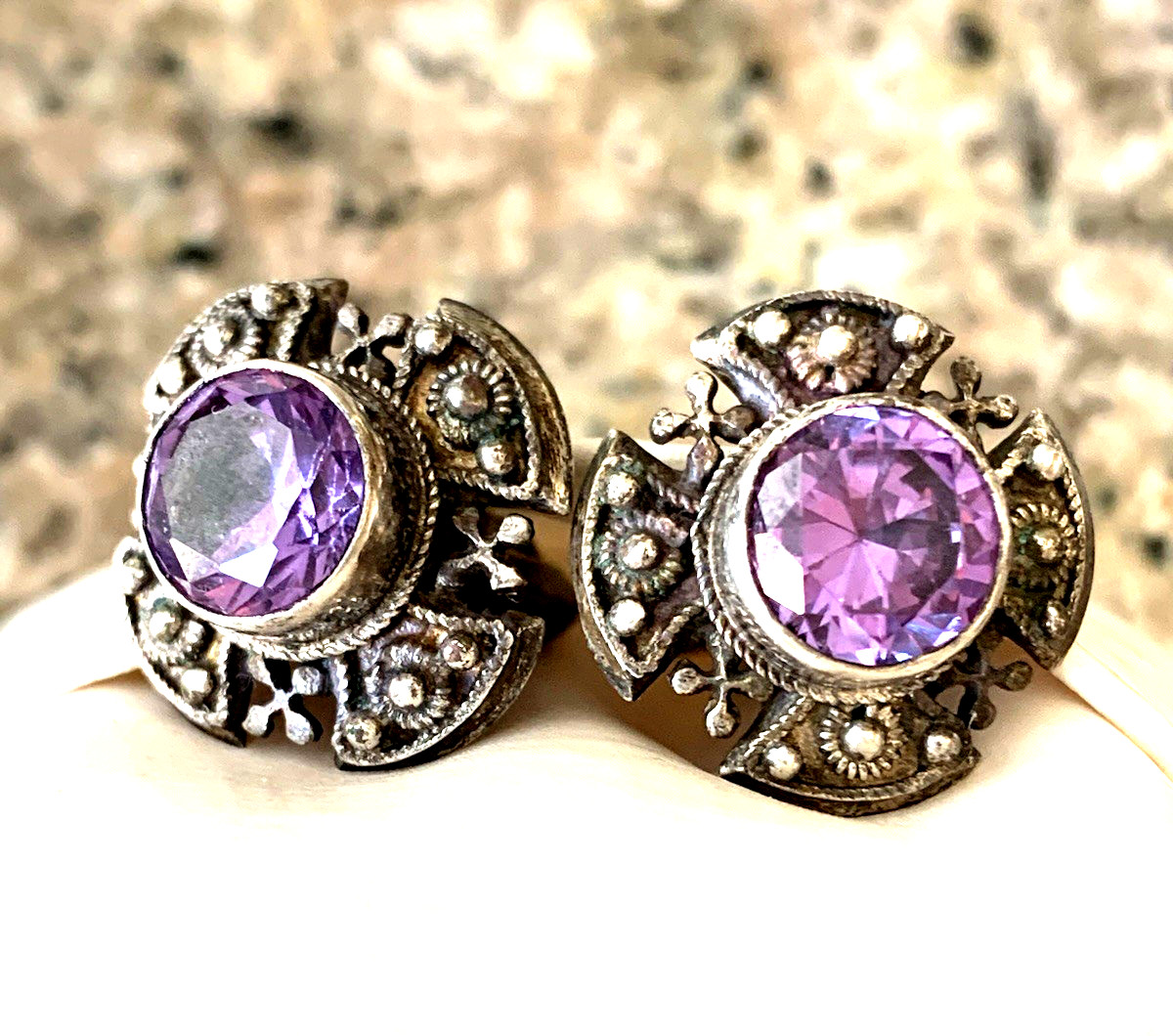Vintage Jerusalem Cross Amethyst Sterling Maltese Cross Silver Cuff Links