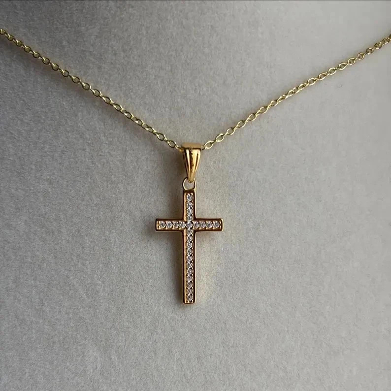 1.00TCW Dainty Moissanite Minimalist Cross Charm Necklace 18k Yellow Gold Plated