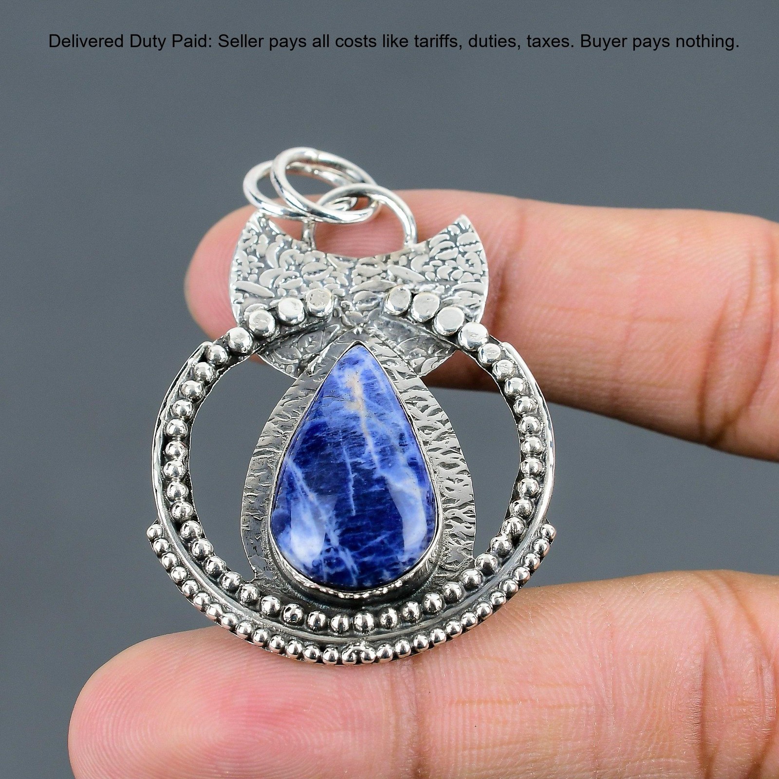 925 Silver Pear Natural Sodalite Sister Bezel Third Eye Chakra Trendy Pendant
