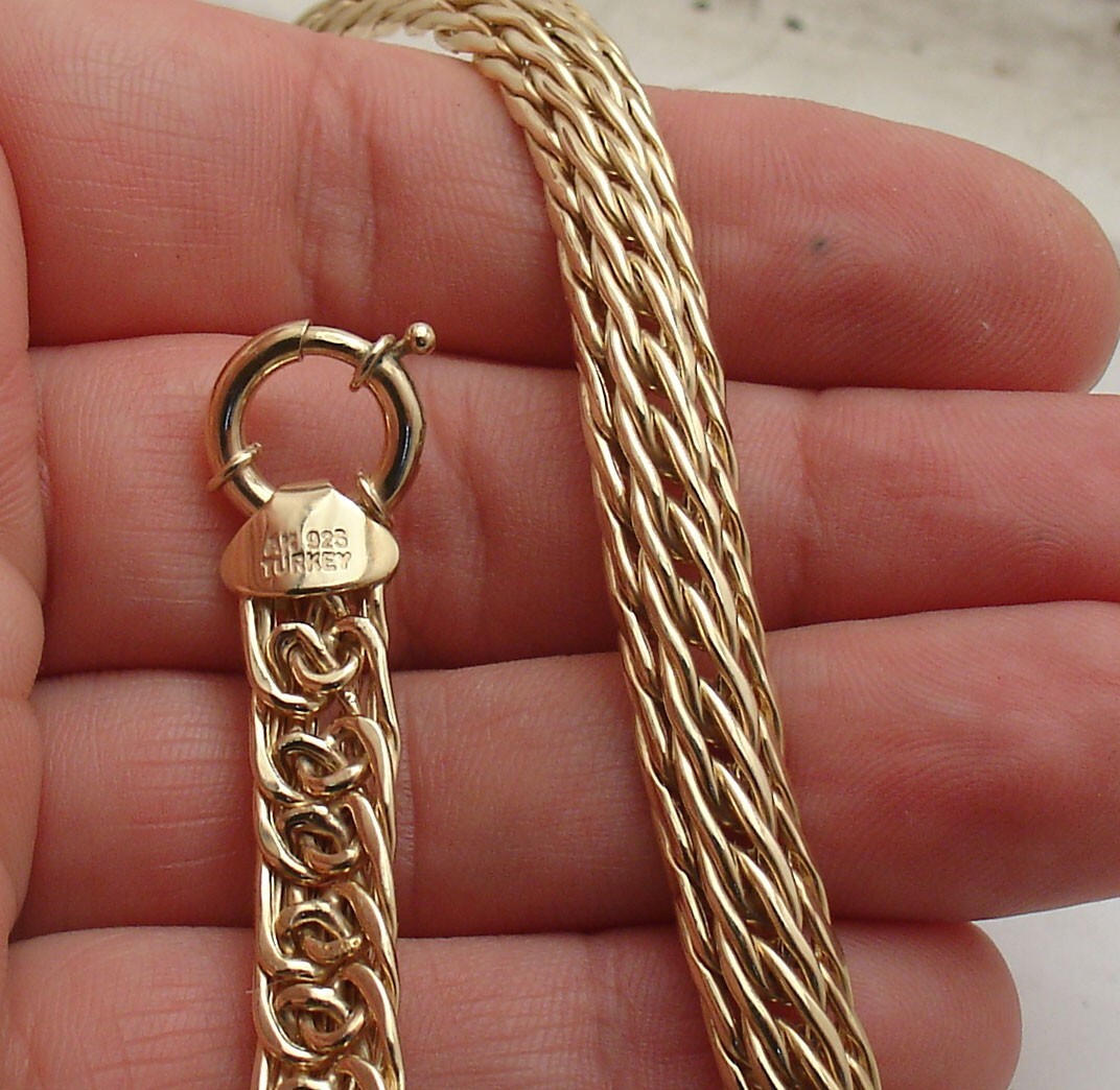 Technibond Domed Wheat Spiga Link Chain Necklace 14K Yellow Gold Plated Silver