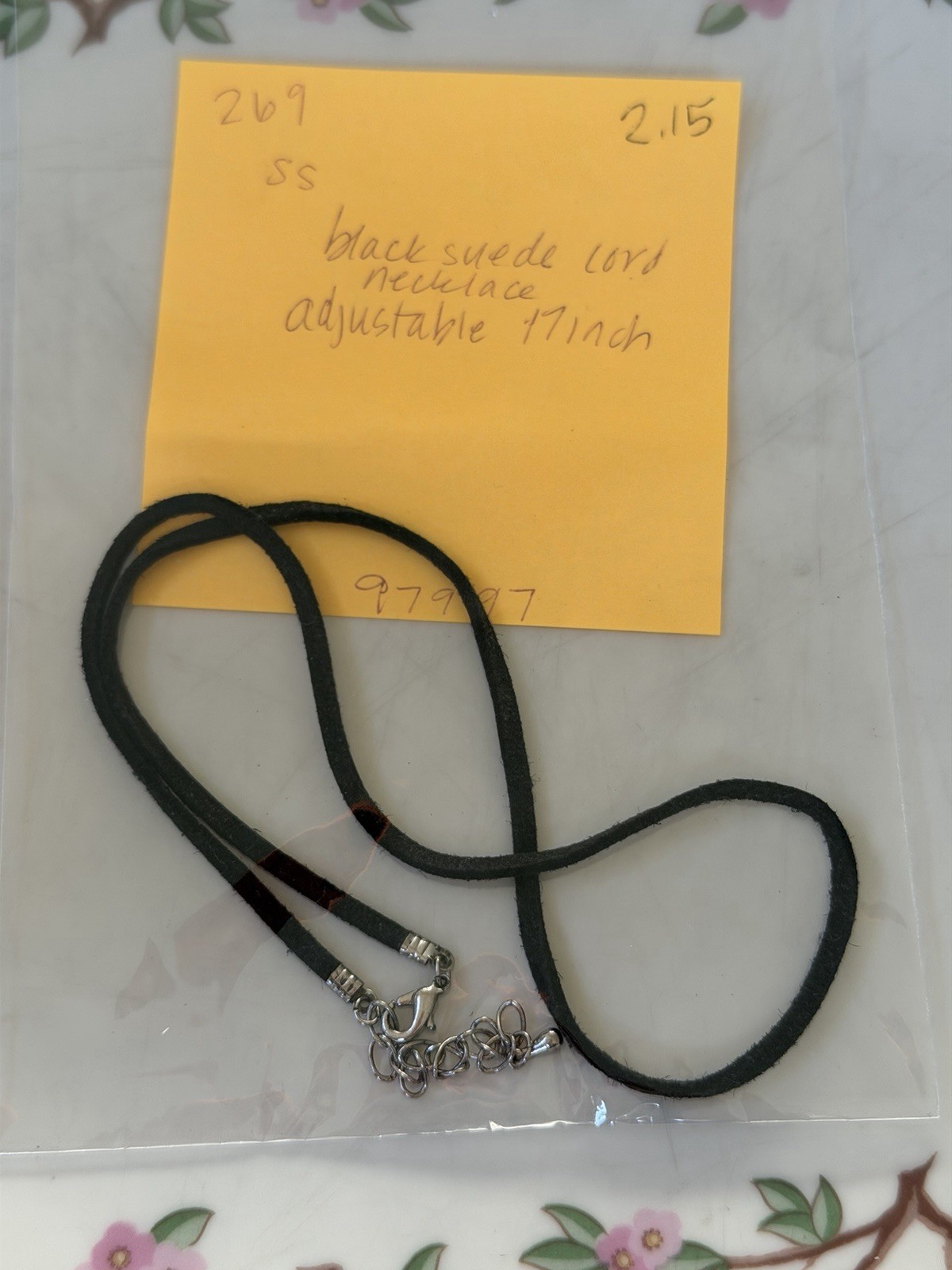 Sterling Silver / Black Suede Cord Necklace – Adjustable 17” – 2.15 grams
