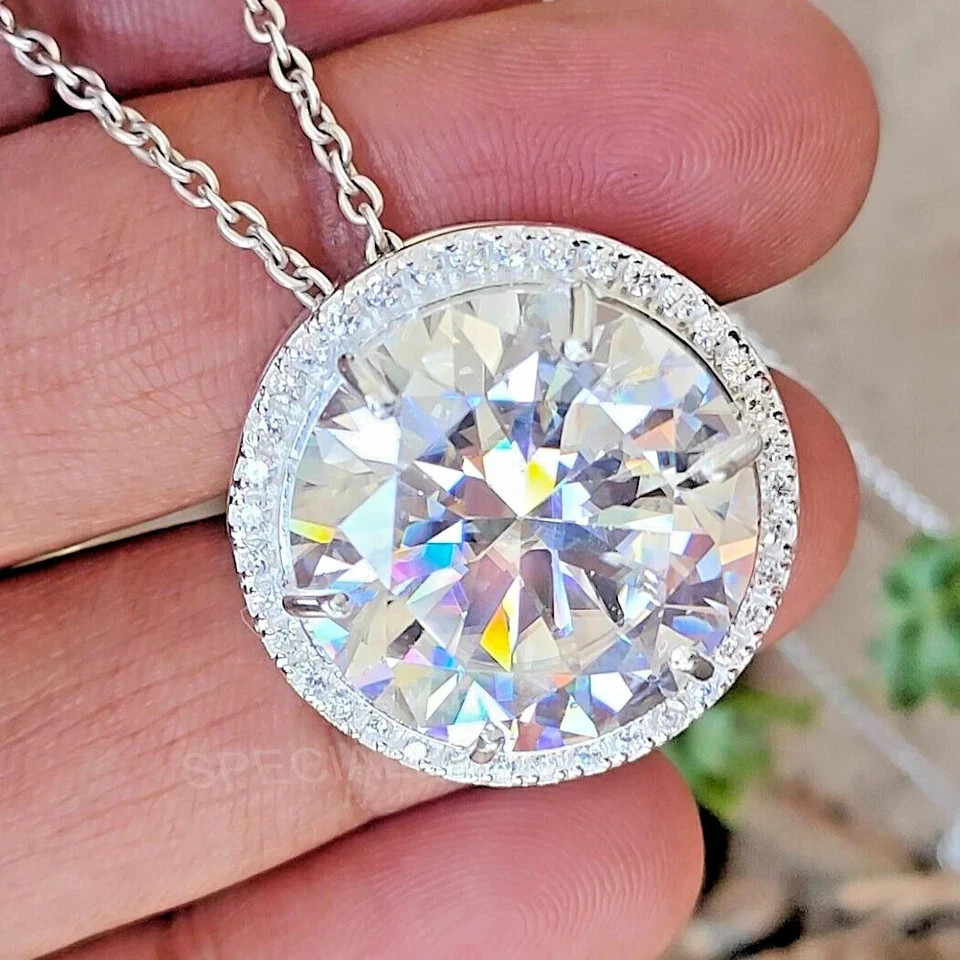 3Ct Round Cut Moissanite Solitaire Halo Pendant Necklace 14K White Gold Finish