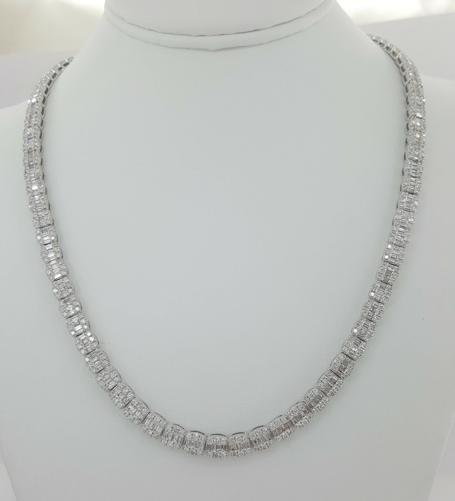 Round & Baguette Diamond Chain Necklace 17 ct 14K White Gold 6.1mm 20″ Rtl $40K