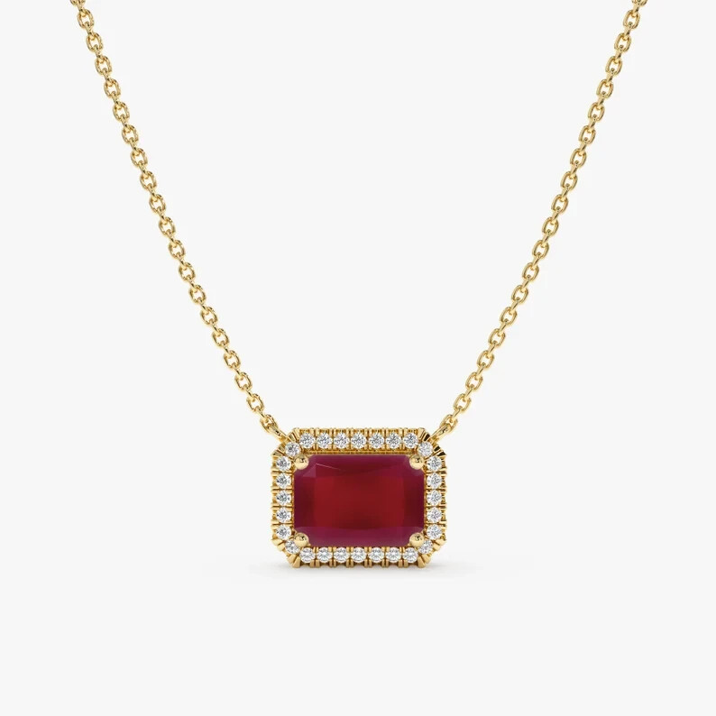 1.20TCW Emerald Cut Natural Ruby & Diamond Pendant For New Year 14k Yellow Gold