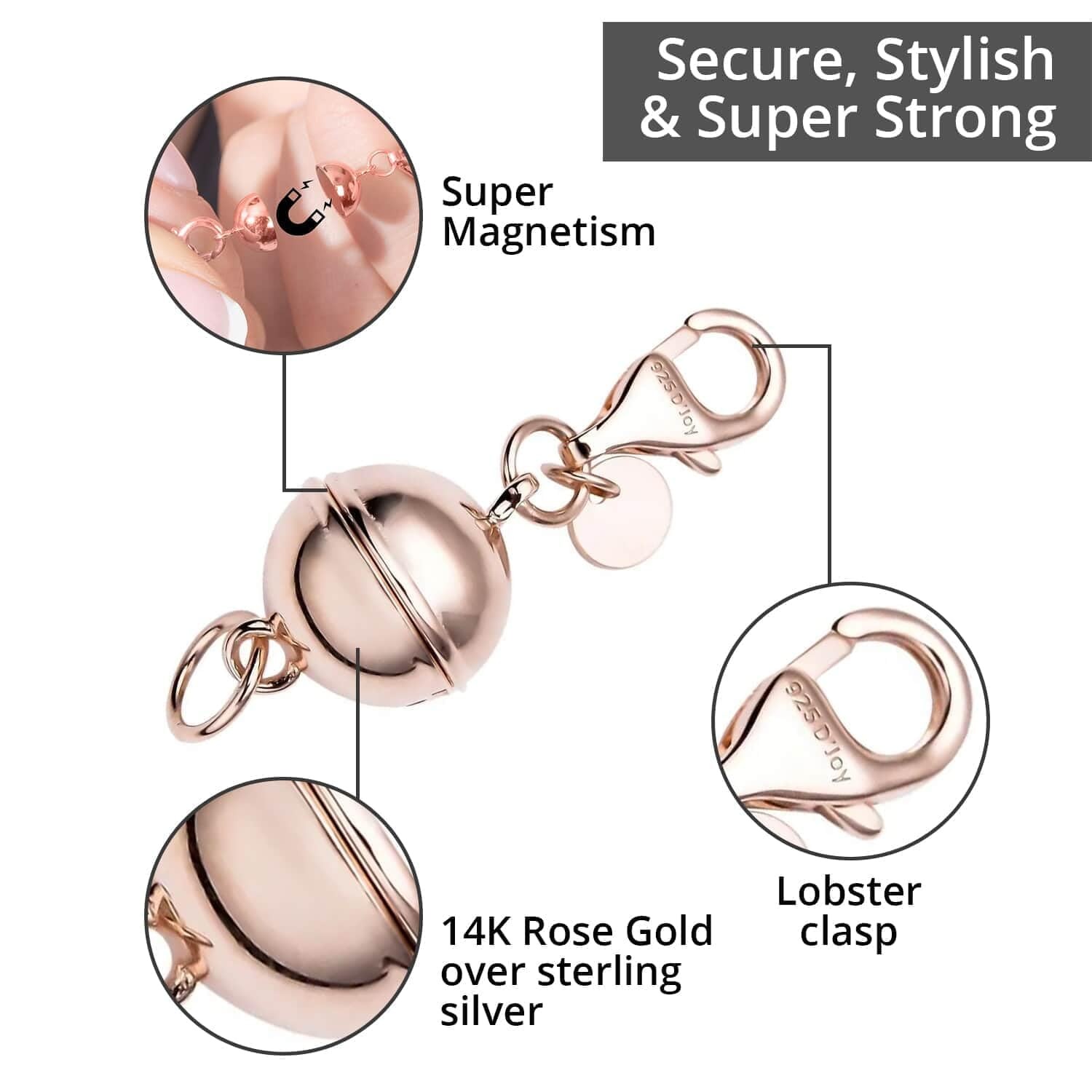 Set of Three 14K Rose Gold Plated Sterling Silver Magnetic Lock with Lobster