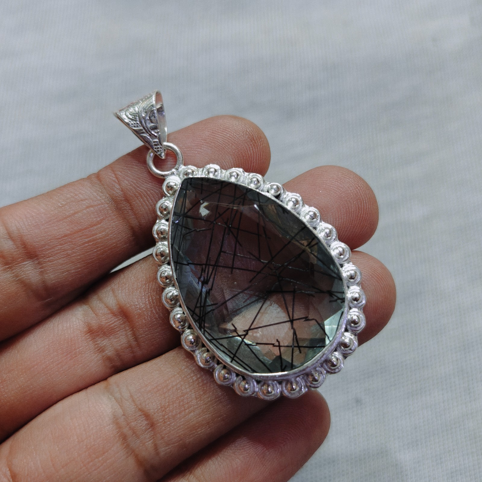 Natural Black Rutile Quartz 925 Sterling Silver Pendant Handmade Gemstone Jewelr